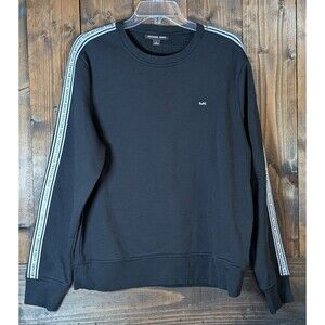 Michael Kors Womens Sweatshirt Black Logo Tape Sleeves Crewneck Pullover Large